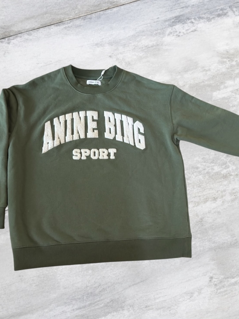 Anine Bing Olive Green Chenille Logo Crewneck Sweatshirt